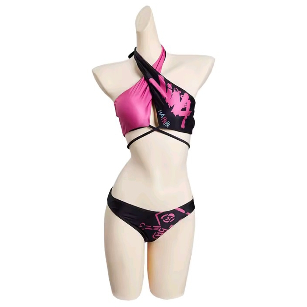 Asymmetric Pink & Black Wrap Bikini - Women's Swim Set